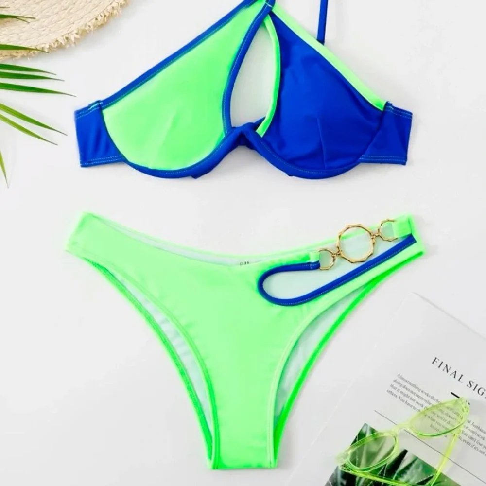 🔥Two Toned Asymmetrical Ring Linked One Shoulder Underwire Bikini Swimsuit🔥 - Picture 2 of 11